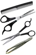 ست آرایشگری شامل قیچی استیل ضد زنگ + موچین + شانه آرایشگری + قیچی