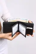 ست کیف پول کلاسیک مردانه با جعبه، کمربند، کارت‌خوان و عطر مشکی