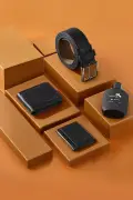 ست کیف پول کلاسیک مردانه با جعبه، کمربند، کارت‌خوان و عطر مشکی