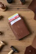 کیف کارت مردانه قهوه‌ای با مکانیزم اتوماتیک و محافظ RFID از چرم طبیعی Pescol