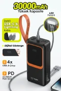 پاوربانک GPW-08 با ظرفیت 30000mAh و شارژ سریع PD22.5W | دارای 4 خروجی USB، کابل داخلی Type-C و Lightning