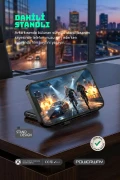 پاوربانک قابل حمل سیاه با ظرفیت 10.000 میلی آمپر ساعت و کابل داخلی و پایه تلفن و نشانگر شارژ