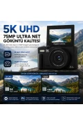 دوربین دیجیتال 5K UHD با کیفیت 75MP – دوربین ویدئویی با زوم دیجیتال 18 برابر، صفحه نمایش IPS چرخشی 180 درجه، کنترل از طریق Wi-Fi، پشتیبانی از حرکت آهسته و تایم‌لپس، همراه با کارت SD 64GB هدیه