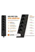 پریز چندگانه 6 تایی با کلید جداگانه و محافظ جریان 3680W 16A با 2 پورت USB و 2 پورت Type-C و کابل 2 متری