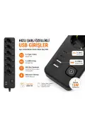پریز چندگانه 6 تایی با کلید جداگانه و محافظ جریان 3680W 16A با 2 پورت USB و 2 پورت Type-C و کابل 2 متری