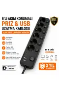 پریز چندگانه 6 تایی با کلید جداگانه و محافظ جریان 3680W 16A با 2 پورت USB و 2 پورت Type-C و کابل 2 متری