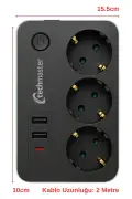 پریز مربع 3 تایی با 2 پورت USB و Type-C و محافظ کودک 2 متری