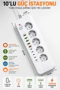 پریز 5 تایی با محافظت از جریان 3000 وات | 5 USB-A + 5 Type-C | دارای کلید روشن و خاموش | کابل 2 متری