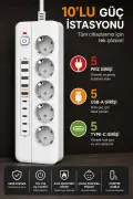 پریز 5 تایی با محافظت از جریان 3000 وات | 5 USB-A + 5 Type-C | دارای کلید روشن و خاموش | کابل 2 متری
