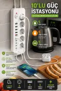 پریز 5 تایی با محافظت از جریان 3000 وات | 5 USB-A + 5 Type-C | دارای کلید روشن و خاموش | کابل 2 متری