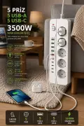 پریز 5 تایی با محافظت از جریان 3000 وات | 5 USB-A + 5 Type-C | دارای کلید روشن و خاموش | کابل 2 متری