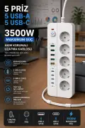 پریز 5 تایی با محافظت از جریان 3000 وات | 5 USB-A + 5 Type-C | دارای کلید روشن و خاموش | کابل 2 متری
