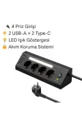 پریز ۴ تایی با محافظت از جریان | ۲ خروجی USB-C + ۲ خروجی USB-A | ایستگاه شارژ با نور LED | کابل ۲ متری