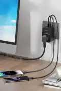 محصول چندگانه دیواری FTR-24 16A 3680W سیاه | 2x USB-C + 1x USB-A پریز شارژی | دارای محافظ جریان