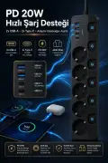 پریز چندگانه محافظت شده 5 تایی | 3680 وات | 2xUSB-A | 2x Type-C | شارژ سریع PD 20 وات | کابل 2 متری