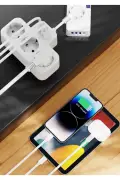 پریز 3 سوکت سفید 15mm با 1 USB و 2 Type-C PD20W و 1050 ژول با کابل تمام مس و محافظت از جریان
