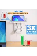 پریز چندگانه USB C با کلید، محافظت شده در برابر جریان، شارژ سریع، آداپتور چندراهی، سفید