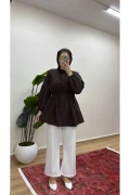 پیراهن پوشش دار کتان با طرح عصب - قهوه‌ای کوییک