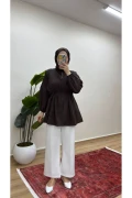 پیراهن پوشش دار کتان با طرح عصب - قهوه‌ای کوییک