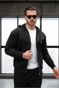 سویشرت کلاهدار زیپ‌دار با پارچه سه‌نخی و داخل پشمی - مشکی