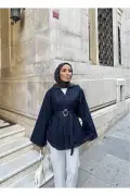 کت جین زنانه آبی تیره با کمربند طراحی مدرن
