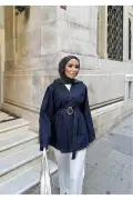 کت جین زنانه آبی تیره با کمربند طراحی مدرن
