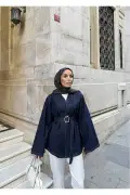 کت جین زنانه آبی تیره با کمربند طراحی مدرن
