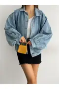 کت جین زنانه آبی با آستین بادکنکی و سایز بزرگ