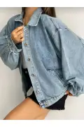 کت جین زنانه آبی با آستین بادکنکی و سایز بزرگ