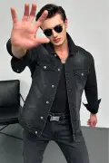 کت جین مردانه آنترسیت با الگوی استاندارد و 100% پنبه، جیب‌دار و دکمه‌دار HLTHE042101