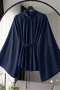 بلوز تونیک آستین باتلاقی با جزئیات گره‌ای با بافت خودکار رنگ سرمه‌ای | تونیک پوشش دار با گره از کمر | بلوز زنانه روزمره شیک با آستین بلند و الگوی راحت