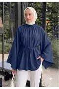 بلوز تونیک آستین باتلاقی با جزئیات گره‌ای با بافت خودکار رنگ سرمه‌ای | تونیک پوشش دار با گره از کمر | بلوز زنانه روزمره شیک با آستین بلند و الگوی راحت