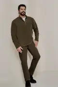 سویشرت پلاری مردانه خاکی ضد پرز با یقه ایستاده و طراحی استاندارد ضد سرما