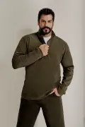 سویشرت پلاری مردانه خاکی ضد پرز با یقه ایستاده و طراحی استاندارد ضد سرما