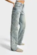 شلوار جین زنانه رنگ کتان 4s6-67 فیت مستقیم با کمر بلند و جزئیات گلدوزی طراحی ویژه