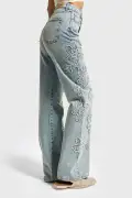 شلوار جین زنانه رنگ کتان 4s6-67 فیت مستقیم با کمر بلند و جزئیات گلدوزی طراحی ویژه