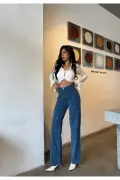شلوار گشاد زنانه با طراحی خاص و رنگ آبی با کمر بلند