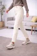 شلوار جین موم زنانه با کمر بلند رنگ بژ لیكرا لاین