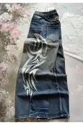 شلوار بگی یونسکس با طرح قبای سفید و سنگ‌زنی آبی تیره هاراجوکو Y2K