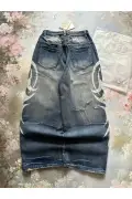 شلوار بگی یونسکس با طرح قبای سفید و سنگ‌زنی آبی تیره هاراجوکو Y2K