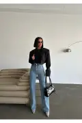 شلوار جین زنانه مینی باکلاوا سنگ‌دار برش پالازو با کمر بلند