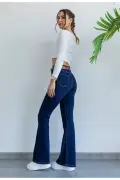 شلوار جین زنانه فِلِر کمرکش با طراحی اسپانیایی و رنگ آبی تیره