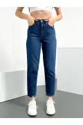 شلوار جین زنانه لیکرا دار کمر بلند آبی تیره مدل آنا