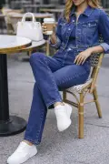 شلوار زنانه لوله‌ای کمر بلند فیت معمولی با کشسانی - C607 - آبی
