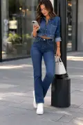 شلوار زنانه لوله‌ای کمر بلند فیت معمولی با کشسانی - C607 - آبی