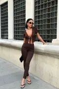 شلوار جین زنانه قهوه‌ای سوپر اسلیم فیت با کشسانی بالا و کمر بلند جنی