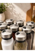 ست 12 عددی نمکدان و ادویه‌دان با درب فلزی ضد زنگ 250cc - 16*5 سانتی‌متر - 4 دهانه مختلف - همراه با برچسب هدیه