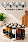ست 12 عددی نمکدان و ادویه‌دان با درب فلزی ضد زنگ 250cc - 16*5 سانتی‌متر - 4 دهانه مختلف - همراه با برچسب هدیه