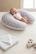 بالش شیردهی دوطرفه / بالش حمایتی نوزاد، بالش بارداری، پارچه پنبه‌ای، طرح ستاره، خاکستری