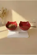 کاسه غذا و آب گربه با سر گربه‌ای و پایه سفید دو محفظه‌ای ۳۵۰ میلی‌لیتر